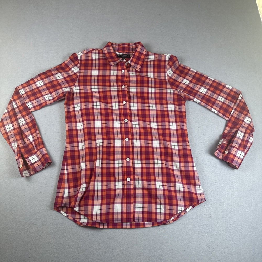 Banana Republic Plaid‎ Button Down Shirt Womens Small Red White Orange Cotton